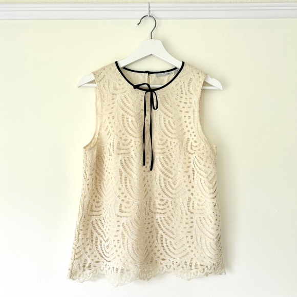 Halogen Tops - Cream Lace Sleeveless Top with black satin ribbon bow trim by Halogen